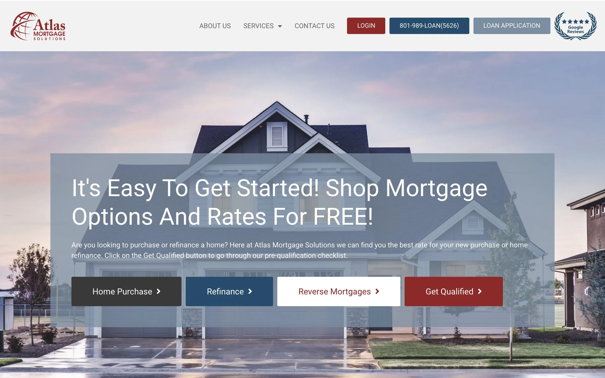 Atlas Mortgage Solutions home page: a house at dusk behind the headline “It’s Easy To Get Started!” and buttons for purchase, refinance and reverse mortgages.