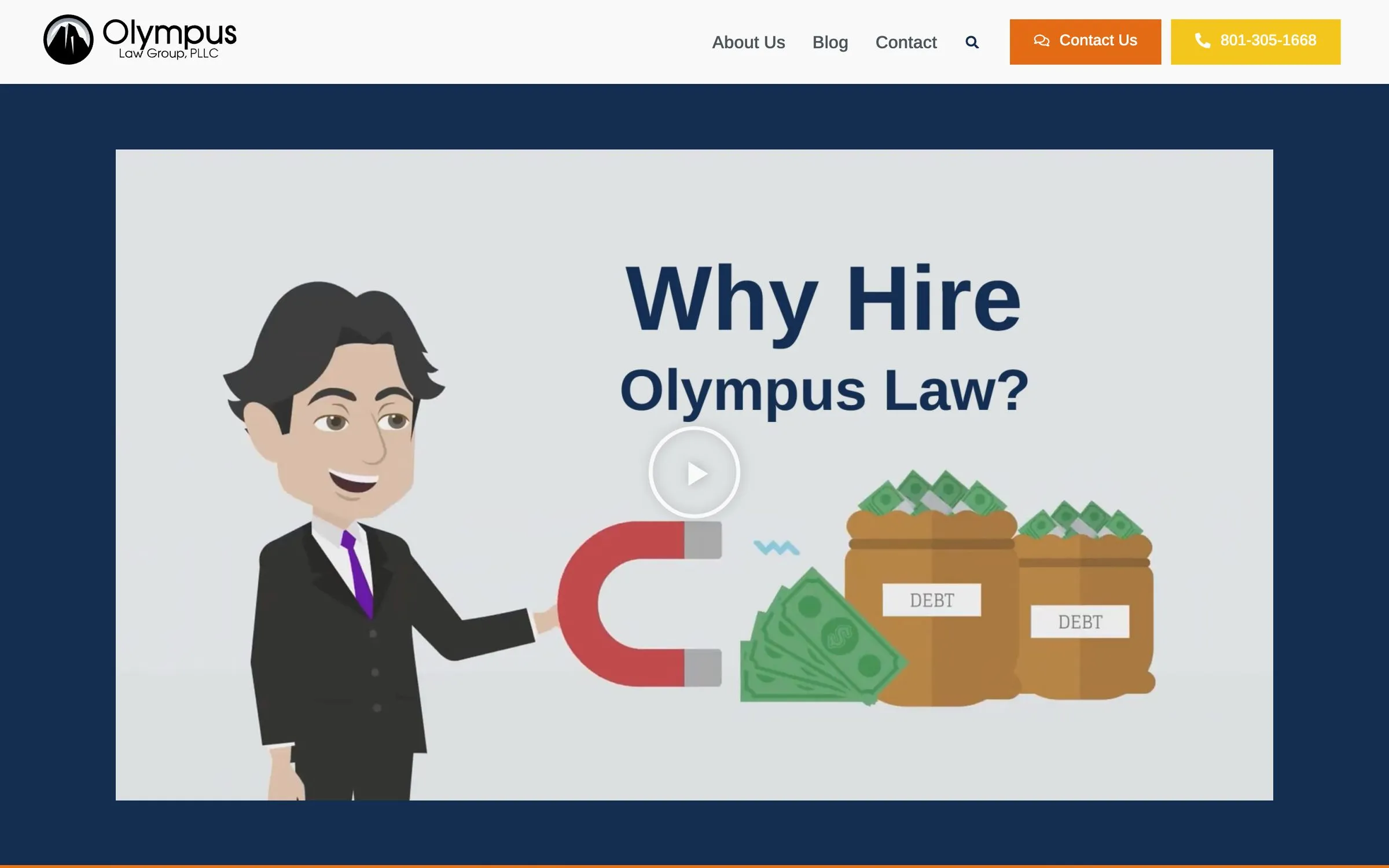 Hire Olympus Law home page: an illustrated lawyer holding a magnet that draws in money, under the headline “Why Hire Olympus Law?”
