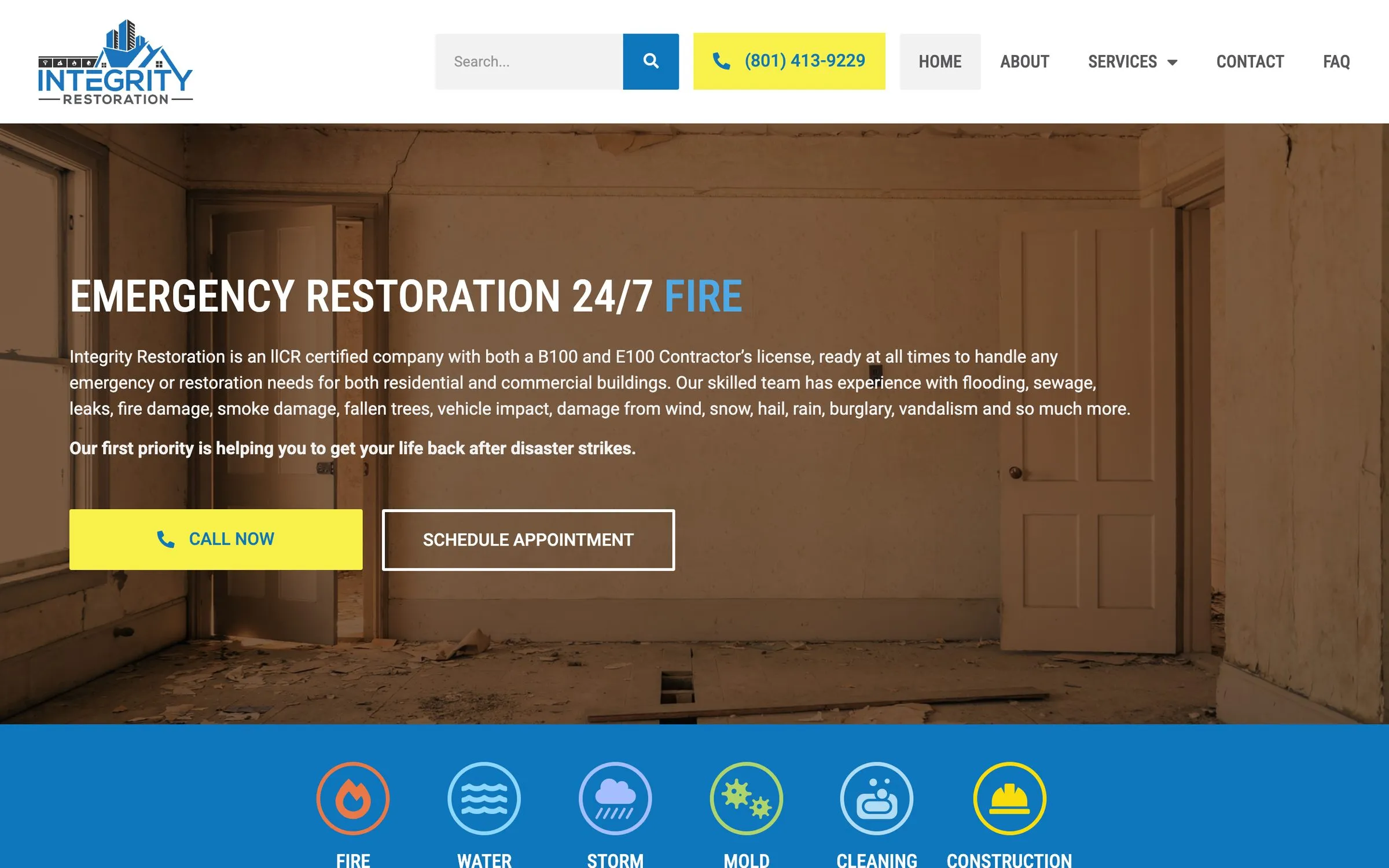 Integrity Restorations home page: “Emergency Restoration 24/7” over a damaged room, with service icons for fire, water, storm and mold below.