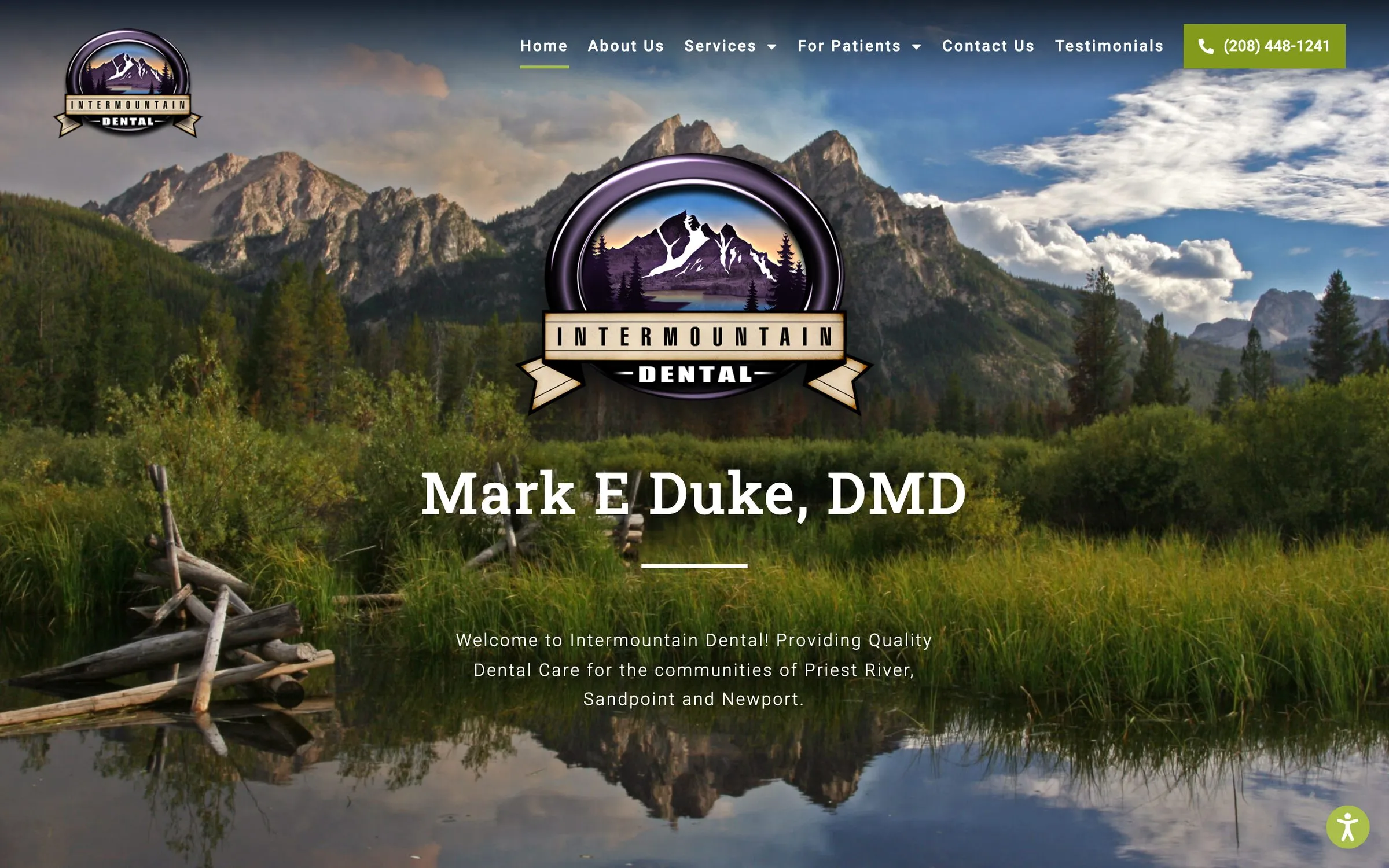 Intermountain Dental home page: the practice’s mountain logo over a photo of a mountain lake.