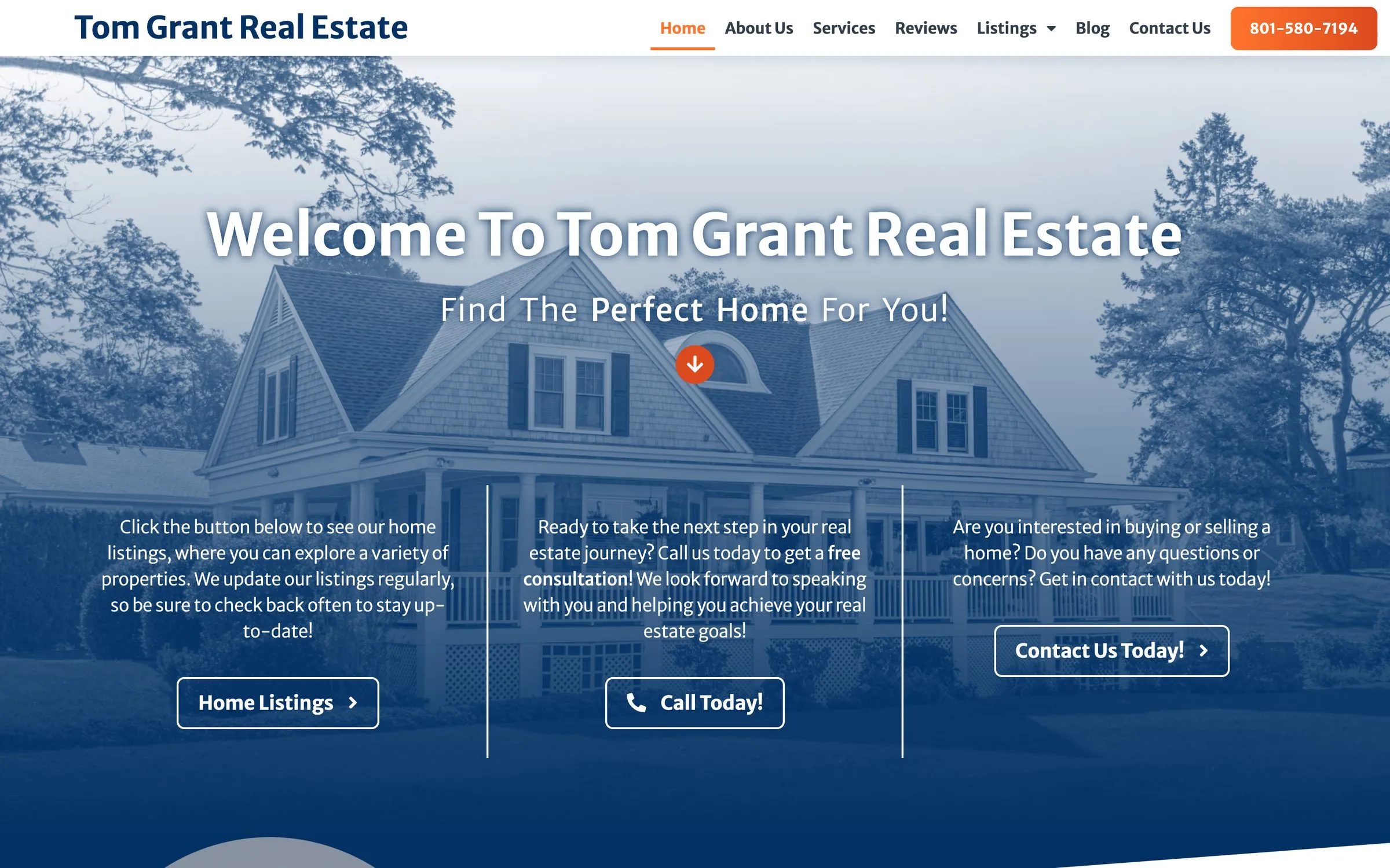 Tom Grant Real Estate home page: “Welcome To Tom Grant Real Estate” over a blue-tinted photo of a house.