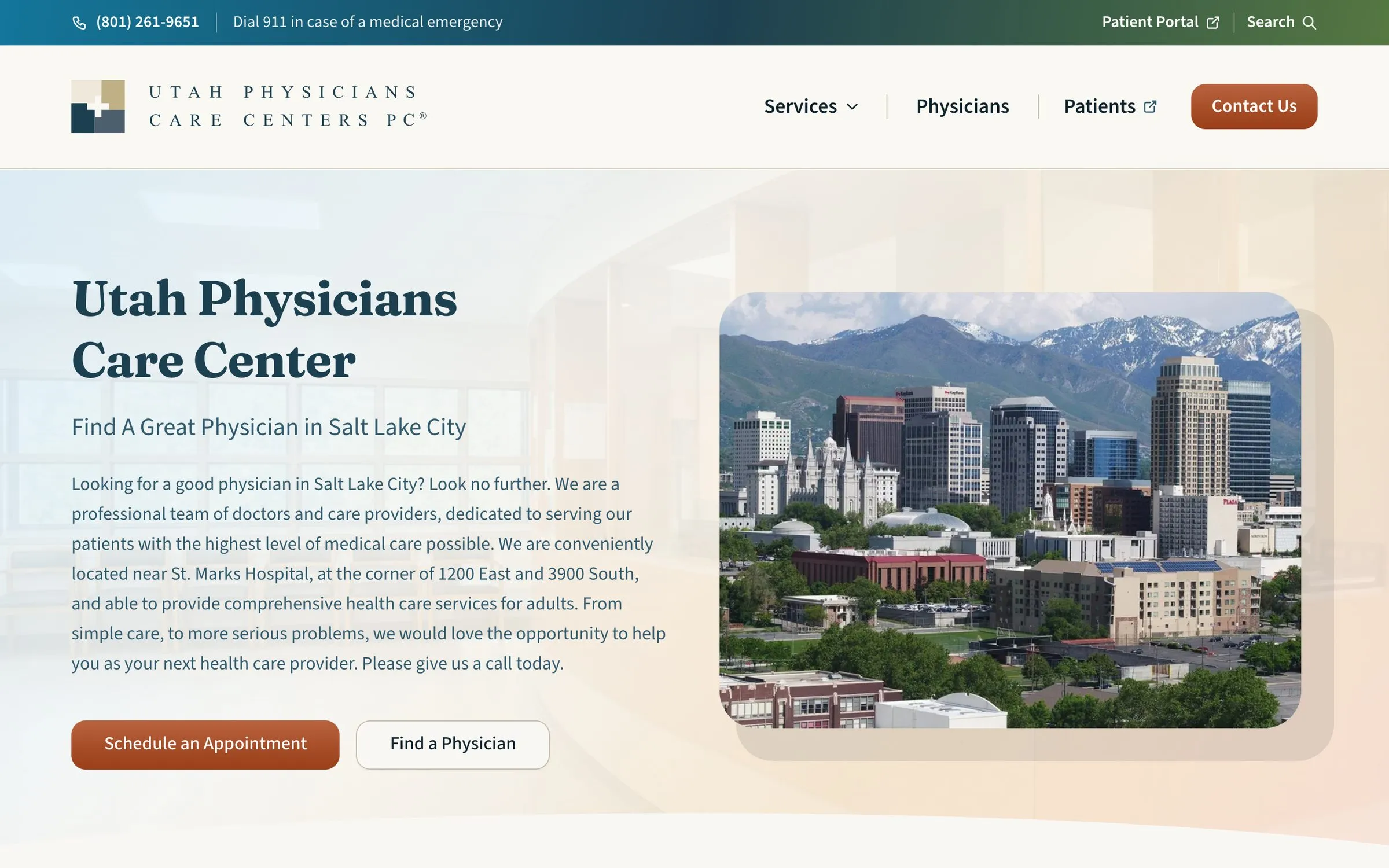Utah Physicians Care Center home page: an introduction and appointment buttons beside a photo of the Salt Lake City skyline.