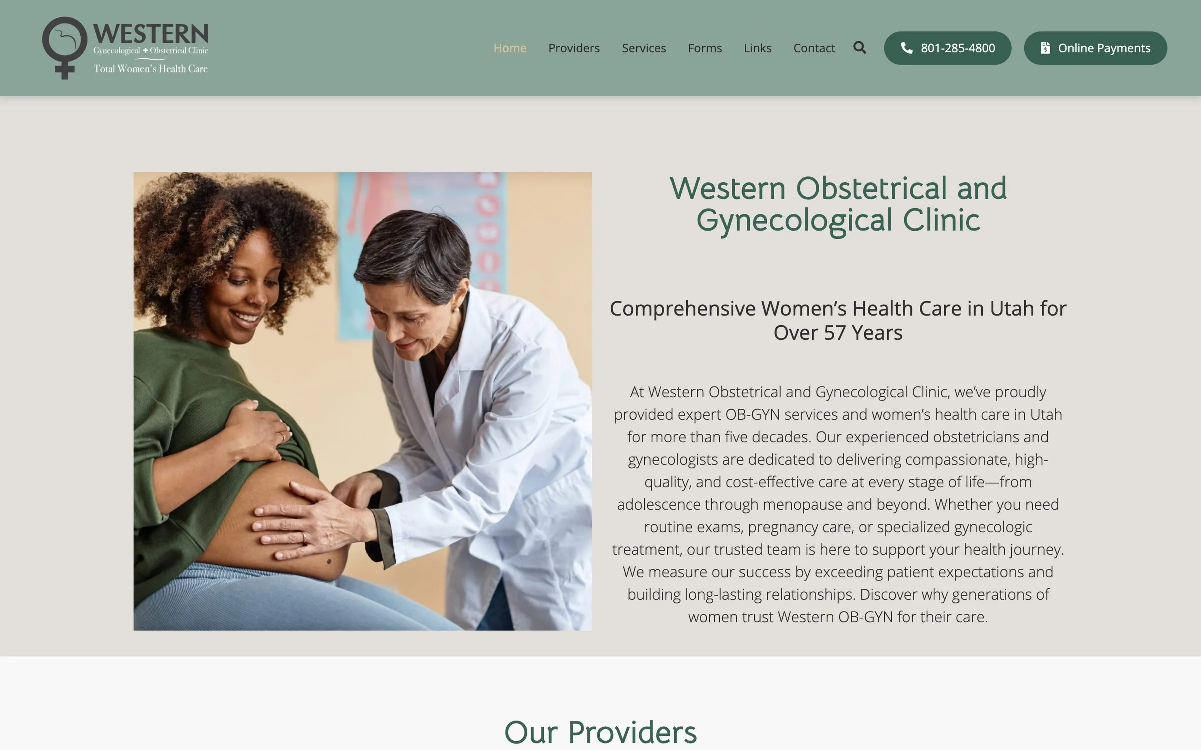 Western Gynecology and Obstetrics home page: a doctor examining a pregnant patient beside the clinic’s introduction.