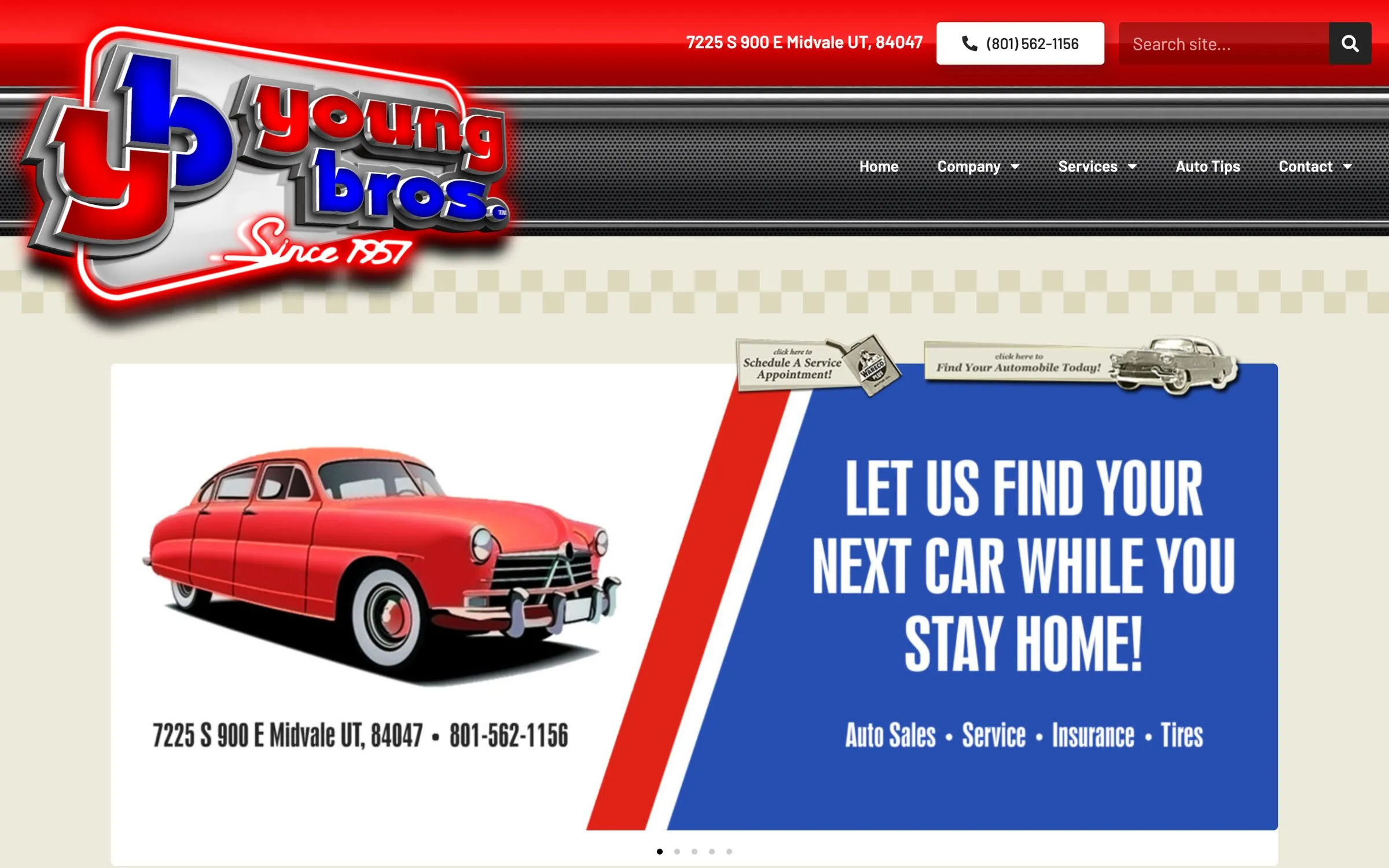Young Bros home page: the red and blue Young Bros logo above a slide of a vintage red car and the line “Let us find your next car while you stay home!”